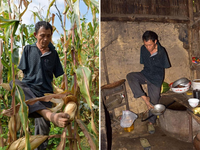 Китайский фермер-инвалид без рук ухаживает за больной матерью (10 фото)