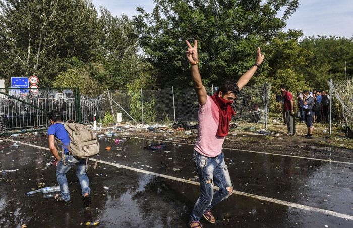  Беженцы предприняли попытку штурма закрытой венгерской границы (15 фото)