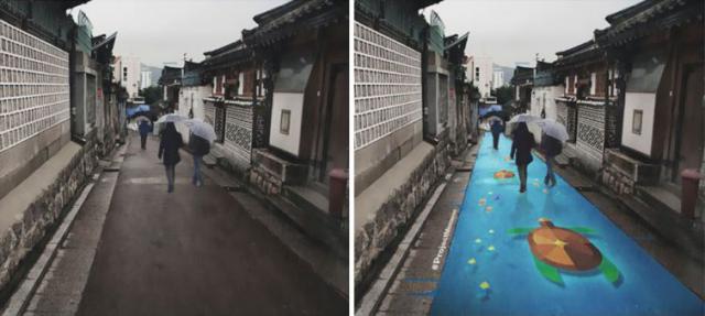 Стрит арт на дорогах, который видно только под дождём (4 фото)