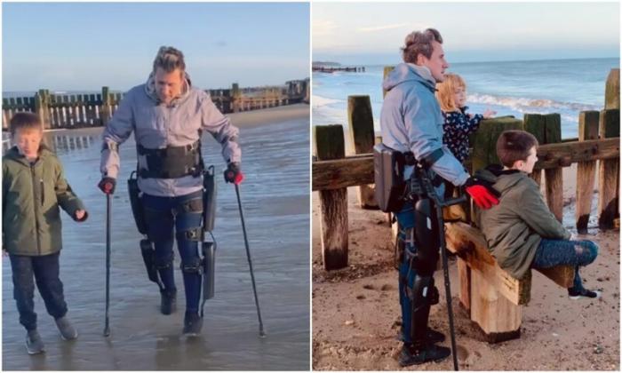 Парализованный британец впервые прошелся по пляжу с детьми (6 фото)