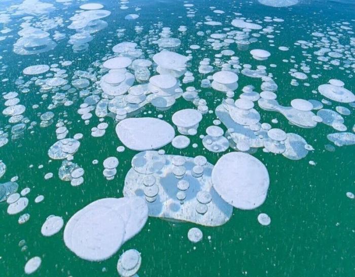 Ледяные пузыри на озере Нукабира (5 фото)
