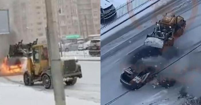 В Петербурге водитель снегоуборщика успел потушить авто (2 фото)