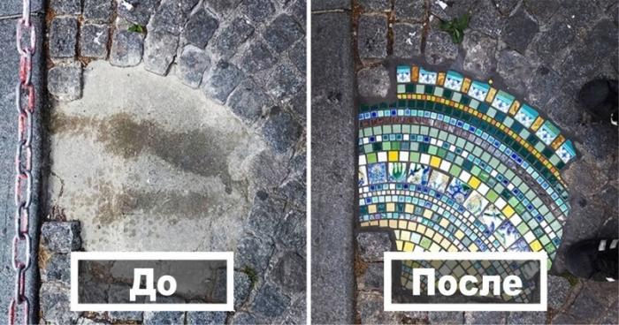 Художник ремонтирует родной город на дорогах мозаикой (14 фото)
