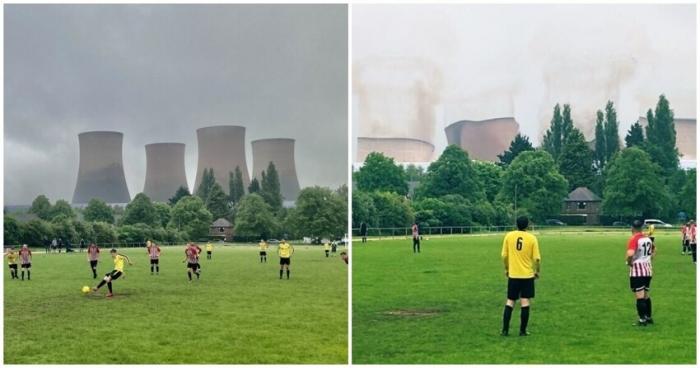 В Англии футбольный матч прошел на фоне взрыва огромной ТЭЦ (4 фото)