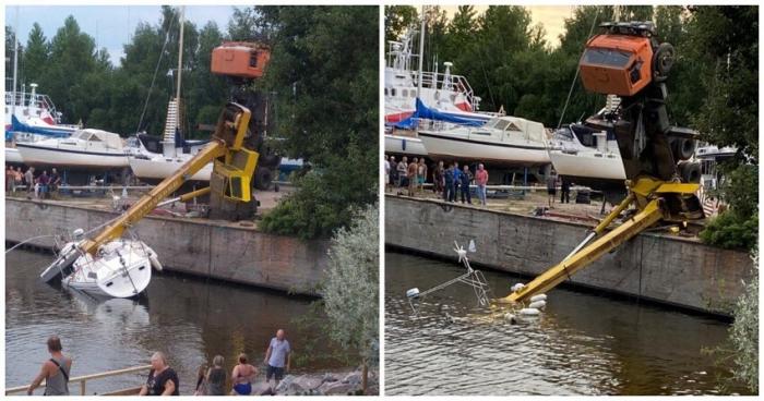 В Кронштадте автокран потопил отремонтированную яхту (6 фото)